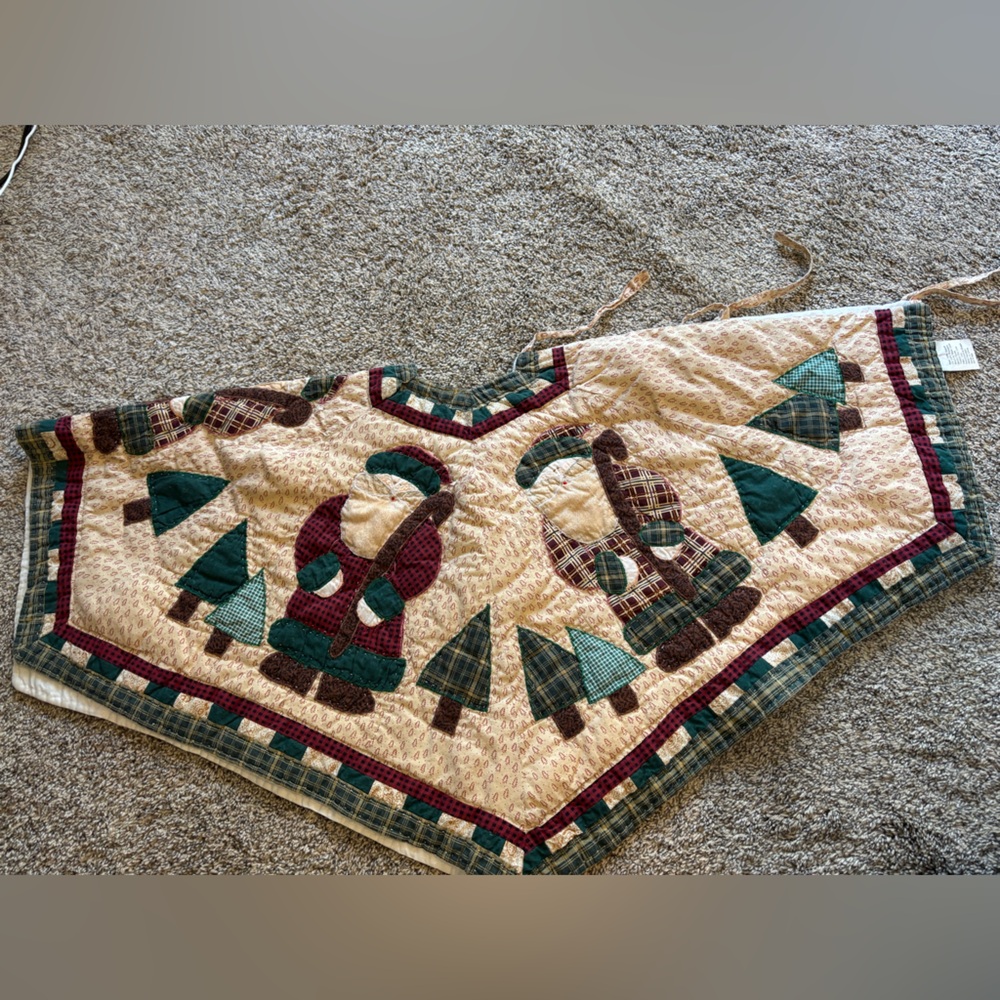 Quilted Christmas Tree Skirt with Santa and Tree Design